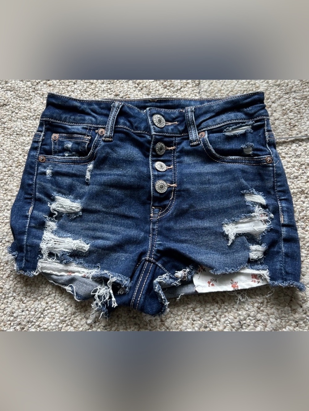 American Eagle High-Rise Distressed Button Fly Floral Pocket Denim Jean Shorts